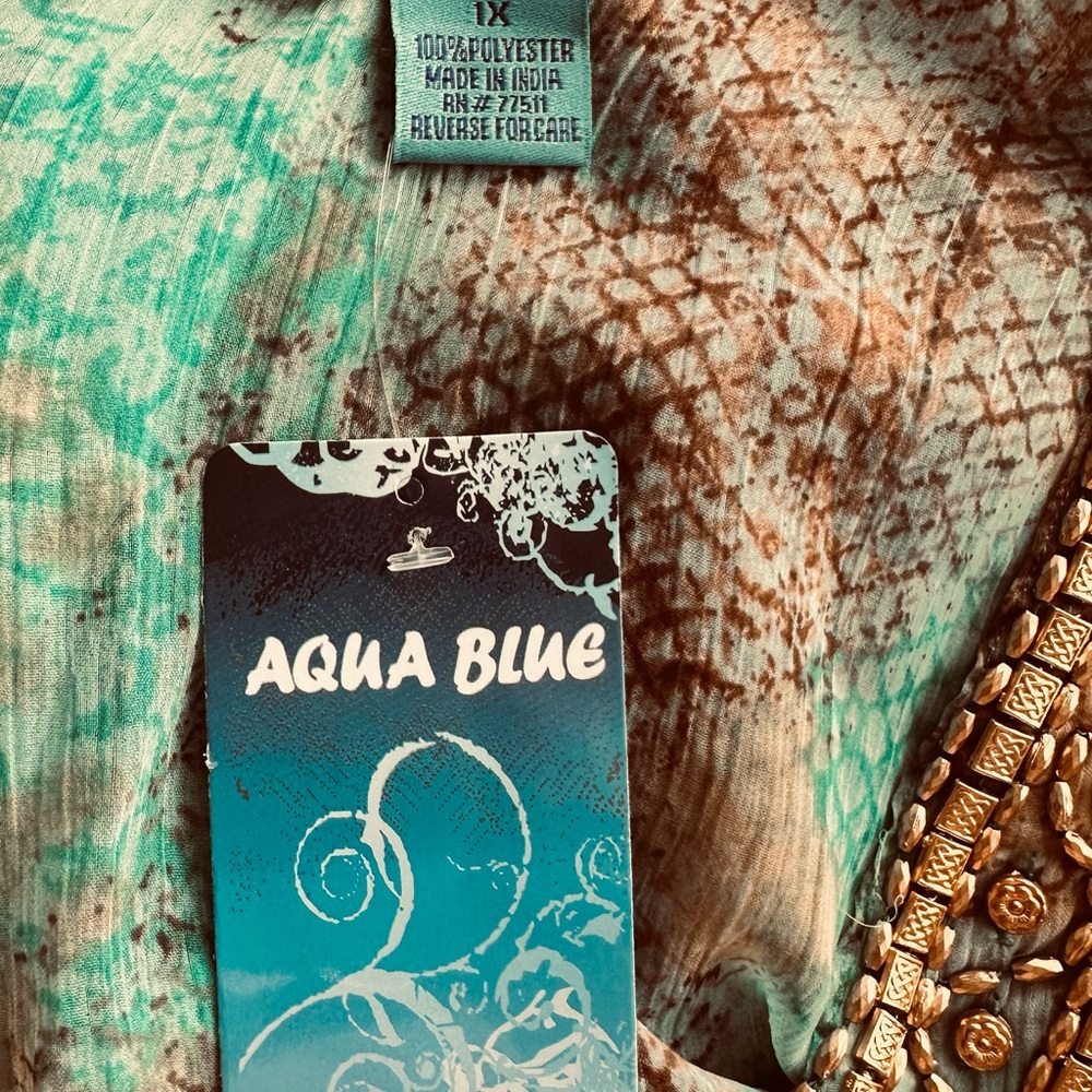 Aqua Blu Teal and Brown embellished neckline Sheer , 1X, bust 23" across NWT - Picture 4 of 9